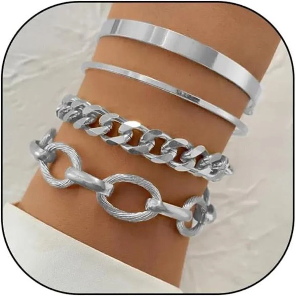 4-Piece Silver Bracelet Set for Women Chunky Chain, 2 Minimalist Cuff, and Rope